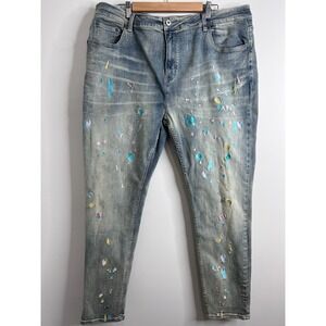Serenade Mens Light Wash Embroidered Paint Splatter Slim Jeans Size 44 Blue